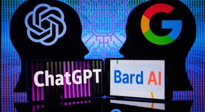 Ilustración gráfica de los logos de dos programas con inteligencia artificial, ChatGPT y Bard, el 8 de febrero de 2023. 