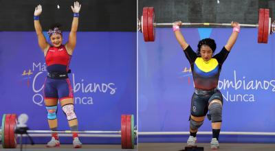 Las pesistas ecuatorianas Neisi Dajomes y Tamara Salazar durante el Campeonato Mundial de Halterofilia, en Colombia.