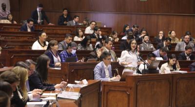 La asambleísta Viviana Veloz (UNES) durante sus alegados en el proceso de juicio político contra el presidente Guillermo Lasso, este 26 de abril de 2023.