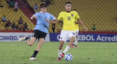 Kendry Páez, durante el partido de Ecuador ante Uruguay por el Sudamericano Sub 17 en el estadio Banco Pichincha, el 5 de abril de 2023.