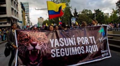 Miembros del colectivo Yasunidos, en una manifestación el 18 de abril de 2023, en Quito.