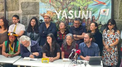 Rueda de prensa de Yasunidos sobre la consulta popular, el 9 de mayo de 2023. 