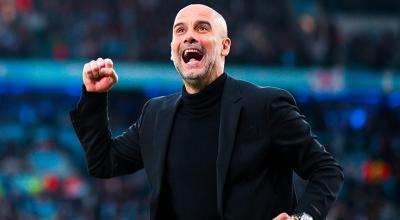 Pep Guardiola festeja uno de los goles del Manchester City ante el Real Madrid, el 17 de mayo de 2023.