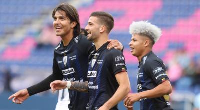 Jugadores de Independiente del Valle celebran durante el partido ante Guayaquil City, el 14 de mayo de 2023.