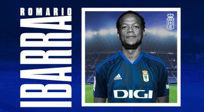 Afiche de bienvenida del jugador Romario Ibarria al Real Oviedo, el 16 de junio de 2023.