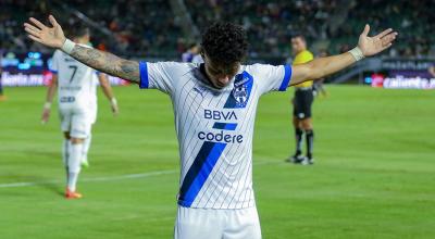 Joao Rojas festeja uno de sus goles con el Monterrey, el14 de julio de 2023.