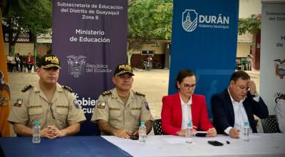 En una rueda de prensa en Durán se anunció el nuevo plan  de Policía Escolar, este miércoles 19 de de julio de 2023. 