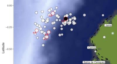 Imagen referencial. Mapa de las costas de Manabí, con la identificación de los distintos sismos en 2022.  