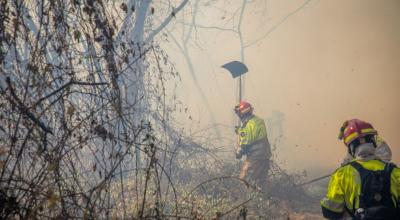 Bomberos trabajan en un incendio en el Cañón del Chiche, en Quito, el 31 de agosto de 2023.