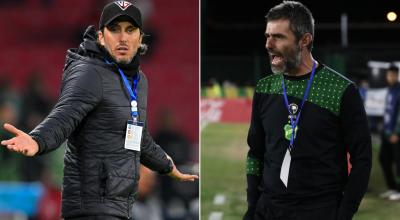 Luis Zubeldía, director técnico de Liga de Quito, y Julio Vaccari, entrenador de Defensa y Justicia.