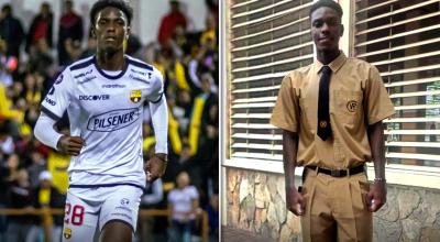 Allen Obando, con la camiseta de Barcelona y con el uniforme del Colegio Vicente Rocafuerte. 