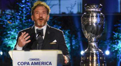 Alejandro Domínguez, presidente de la Conmebol, durante la presentación de la nueva imagen de la Copa América 2024, en Luque (Paraguay).