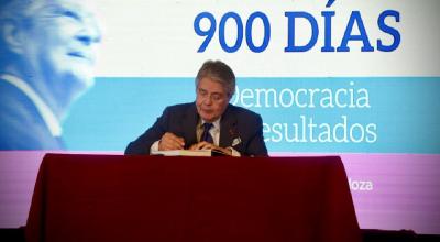 Guillermo Lasso, presidente saliente, en la presentación de un libro sobre sus 900 días de gestión el 21 de noviembre de 2023.
