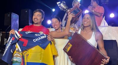 Jonathan Martinetti, Moira Padilla y Alisson Haon, campeones de Vela, sábado 2 de diciembre de 2023.