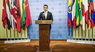 El presidente Daniel Noboa, en su visita a la sede de Naciones Unidas, en Nueva York, el 7 de diciembre de 2023.