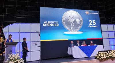 El Banco Central presenta la moneda en honor a Alberto Spencer, el 18 de diciembre de 2023.