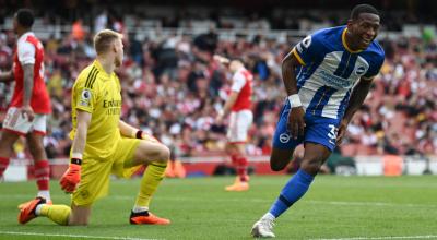 Pervis Estupiñán celebra su gol ante el Arsenal, en Premier League, el 14 de mayo de 2023.