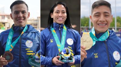 Los deportistas ecuatorianos Andrés Torres, Luisa Valverde y David Hurtado con sus medallas de los Juegos Panamericanos de Chile.