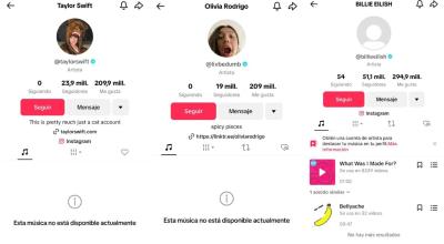 Perfiles de Taylor Swift, Olivia Rodrigo y Billie Eilish en Tiktok, el 1 de febrero de 2024.