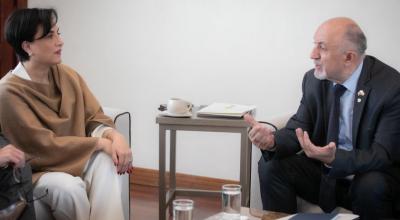 La canciller de Ecuador, Gabriela Sommerfeld, y el embajador de Rusia, Vladimir Sprinchan, en una reunión el 5 de febrero de 2024. 