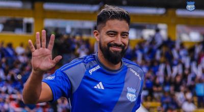 Cristhian Noboa, durante la presentación de la plantilla de Emelec en la Explosión Azul, el pasado 17 de febrero de 2024.