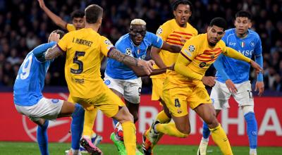 El delantero nigeriano del Napoli, Victor Osimhen, marcó el gol del empate ante el FC Barcelona, por Champions, este 21 de febrero de 2024.