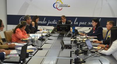 El presidente de la Judicatura, Álvaro Román, la vocal Solanda Goyes (der.) y otros integrantes del organismo en sesión plenaria el 27 de febrero de 2024.