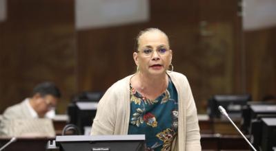 La legisladora correísta Pierina Correa en una sesión de la Asamblea, durante el debate de las reformas al COIP, el 22 de febrero de 2024.