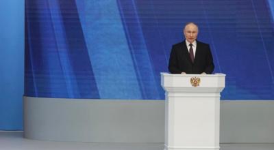 El presidente ruso, Vladimir Putin, en su discurso anual ante la Asamblea Federal en el centro de conferencias Gostiny Dvor en Moscú, este 29 de febrero de 2024. 