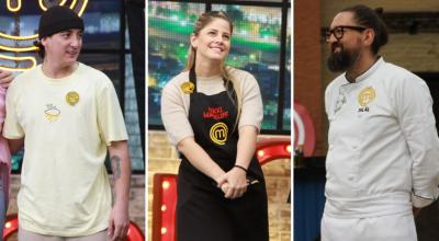 Anthonny Swagg (izq), Nikki Mackliff y Jalál DuBois, finalistas del reality MasterChef Celebrity Ecuador.