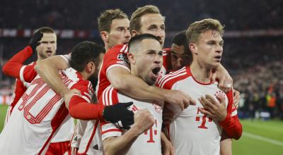Bayern de Múnich celebra su gol ante el Arsenal, por la vuelta de los cuartos de final de Champions League, este 17 de abril de 2024.