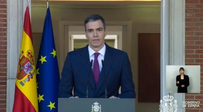 Captura de video de la señal institucional de La Moncloa, de la comparecencia del presidente del Gobierno de España, Pedro Sánchez, el 29 de abril de 2024.