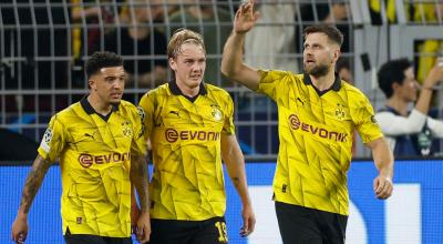 Jugadores del Borussia Dortmund celebrando su gol en la semifinal de la Champions League, 1 de mayo de 2024.