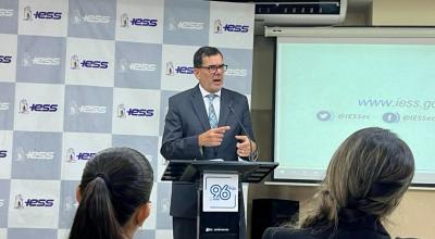 Eduardo Peña, presidente del Consejo Directivo del IESS, en la rendición de cuentas de la institución en Guayaquil, el 15 de marzo de 2024.