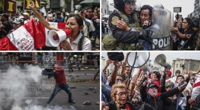 Manifestantes que respaldan al destituido presidente Pedro Castillo enfrentan a la Policía, hoy, a las afueras de la Prefectura de Lima, donde permanece detenido el ahora expresidente, el 7 de diciembre de 2022, en Lima (Perú).