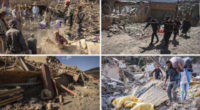 Imágenes de voluntarios y rescatistas que excavan entre los escombros de las casas derrumbadas en la aldea de Imi N'Tala, cerca de Amizmiz, en el centro de Marruecos, después del mortal terremoto de magnitud 6,8 ​​del 8 de septiembre, el 10 de septiembre de 2023. 
