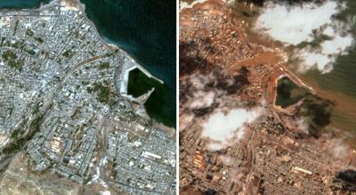 Esta combinación de imágenes satelitales publicadas por Maxar Technology y creadas el 13 de septiembre de 2023, muestra (L) una descripción general de la ciudad de Derna, en el este de Libia, antes de las inundaciones repentinas del 7 de septiembre de 2023 y (R) durante las inundaciones repentinas. el 12 de septiembre de 2023.