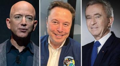 Los supermillonarios Jeff Bezos, Elon Musk y Bernard Arnault.