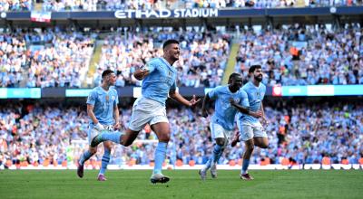 Rodri y sus compañeros celebran un gol del Manchester City ante el West Ham United, el 19 de mayo de 2024.