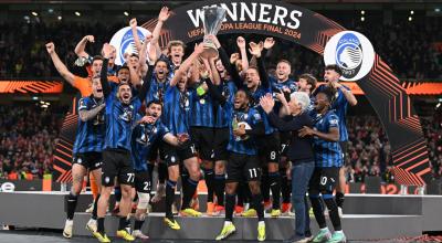 Los jugadores del Atalanta festejan el título de la Europa League, en Dublín, el 22 de mayo de 2024.