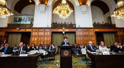 Audiencia de medidas cautelares por la crisis diplomática entre México y Ecuador, en la Corte Internacional de Justicia, el 1 de mayo de 2024.