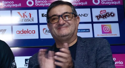 Santiago Morales, durante una rueda de prensa en el estadio Banco Guayaqul, en 2024.