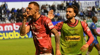 Renzo López, de Independiente del Valle, festeja su gol ante Macará el 25 de mayo de 2024, por la Fecha 14 de LigaPro.