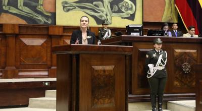 La ministra de Ambiente, Sade Fristchi, en el Pleno de la Asamblea. Quito, 28 de mayo de 2024
