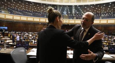 El presidente de la Asamblea, Henry Kronfle, saluda a la ministra de Ambiente, Sade Fritschi, en el Pleno el 28 de mayo de 2024.