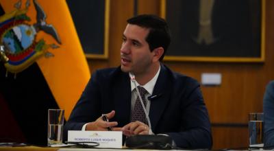 El ministro de Energía, Roberto Luque, ante la Comisión de Fiscalización, en la Asamblea, Quito, el 9 de mayo de 2024.