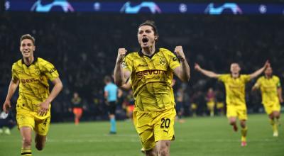 Marcel Sabitzer celebra la victoria del Borussia Dortmund en el partido de vuelta de semifinales de la UEFA Champions League contra el PSG.