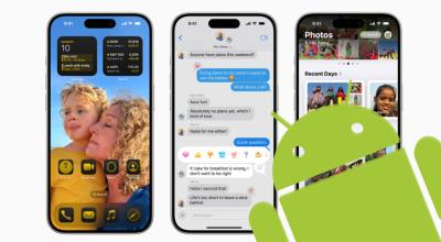 La mascota de Android se ve encima de teléfonos iPhone que corren iOS 18.