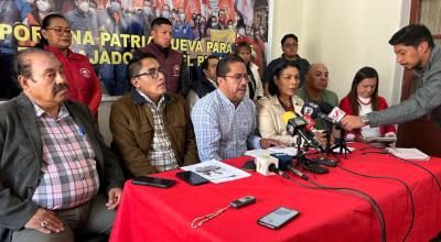 Rueda de prensa del Frente Unitario de Trabajadores (FUT) en Quito, por la eliminación de subsidios a las gasolinas, 19 de junio de 2024.