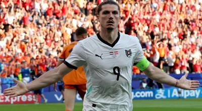 Marcel Sabitzer festeja uno de los goles ante Países Bajos, el 25 de junio de 2024.